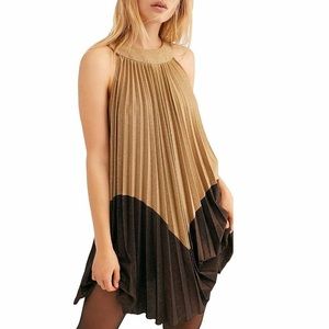 Free People Gold Pleated Love Swing Mini Dress Black Size XS New